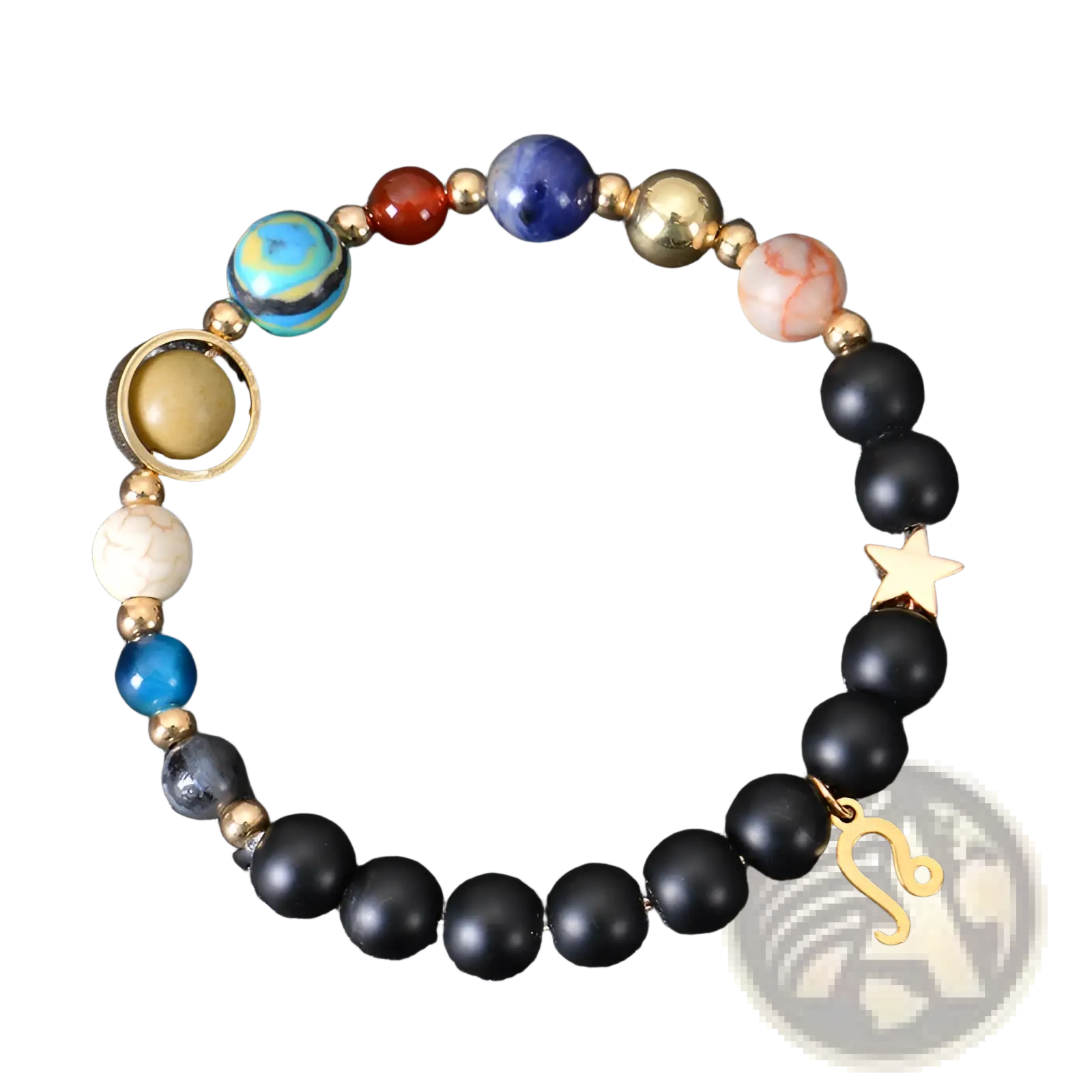 Celestial zodiac planet matte stone beaded bracelet with black matte beads, colorful gemstone spheres, and gold charms