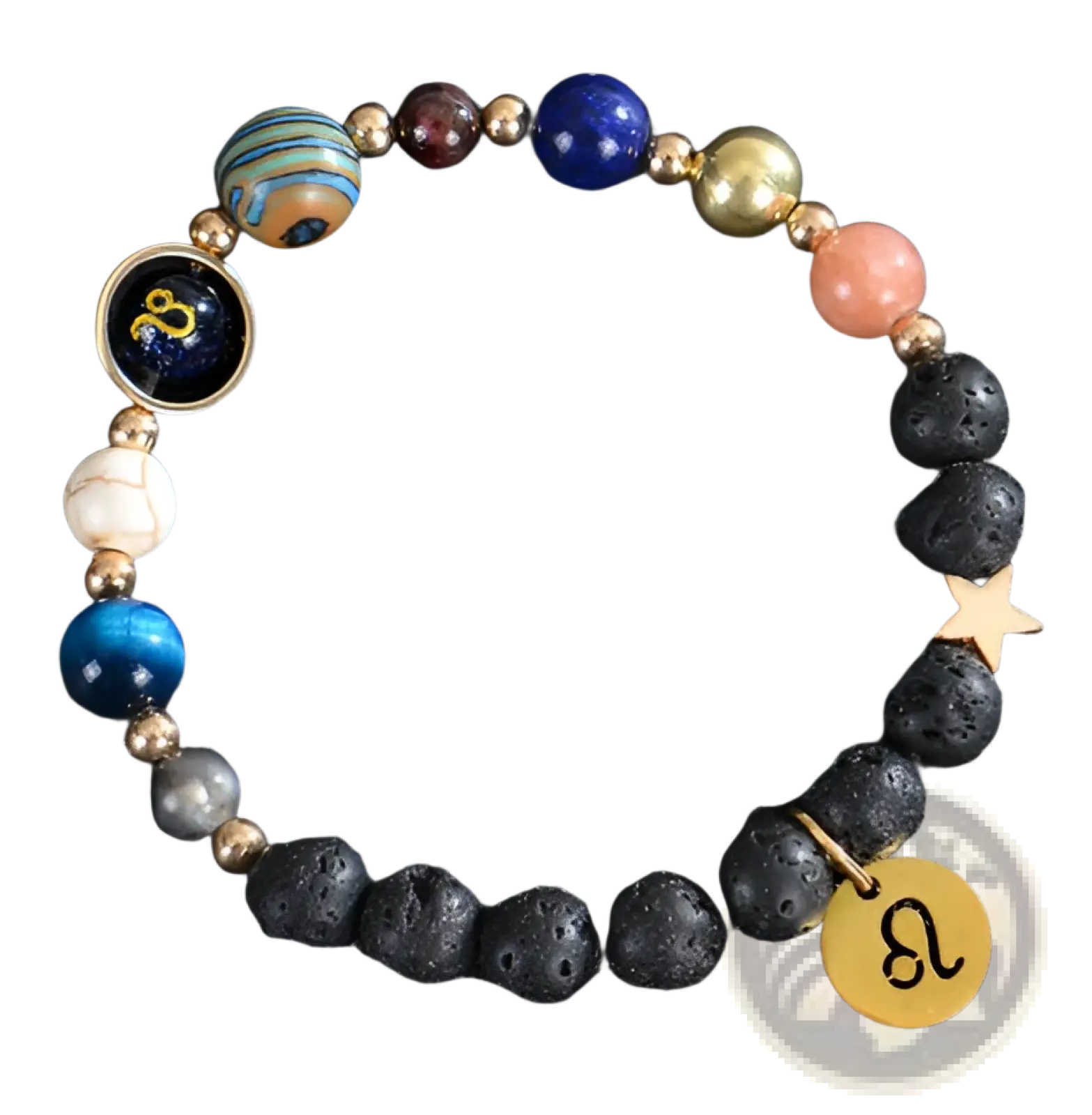 Celestial zodiac planet matte stone beaded bracelet with blue and orange glass beads gold accents black lava rock beads and leo charms