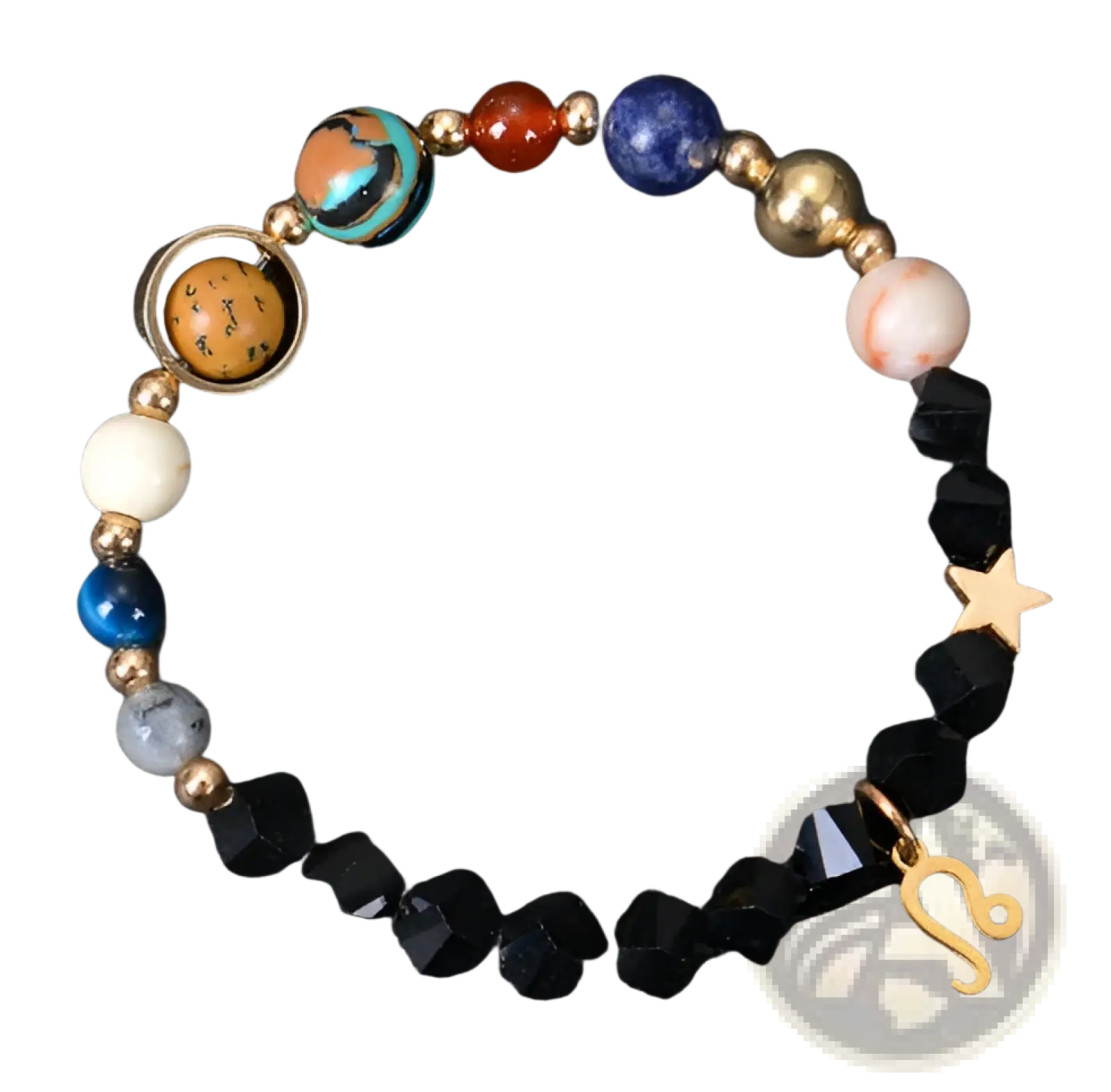 A celestial zodiac planet matte stone beaded bracelet with a gold leo charm and multicolored and black beads