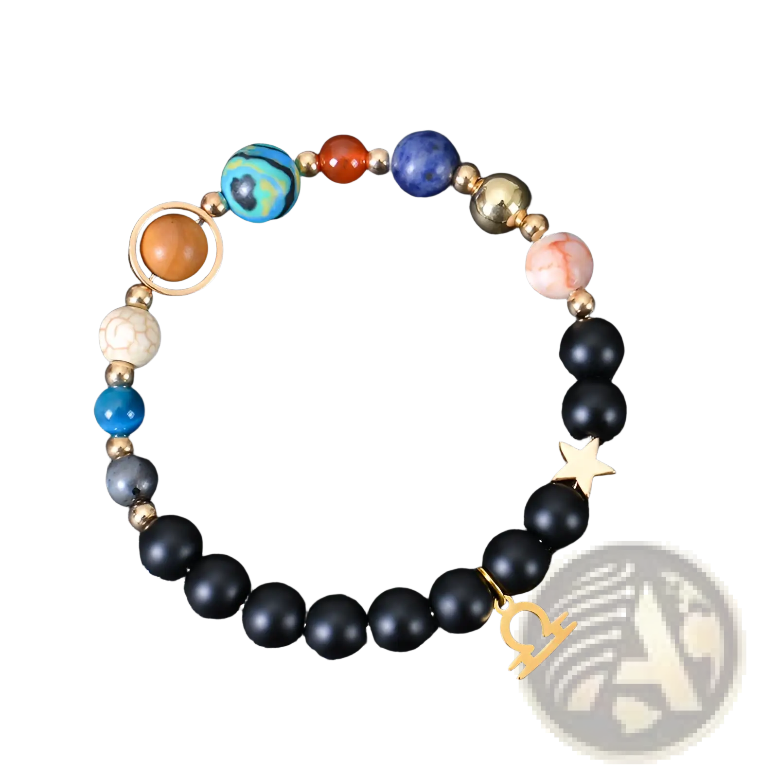Celestial zodiac planet matte stone beaded bracelet with black matte beads, blue and orange stones, gold star charm, and libra pendant