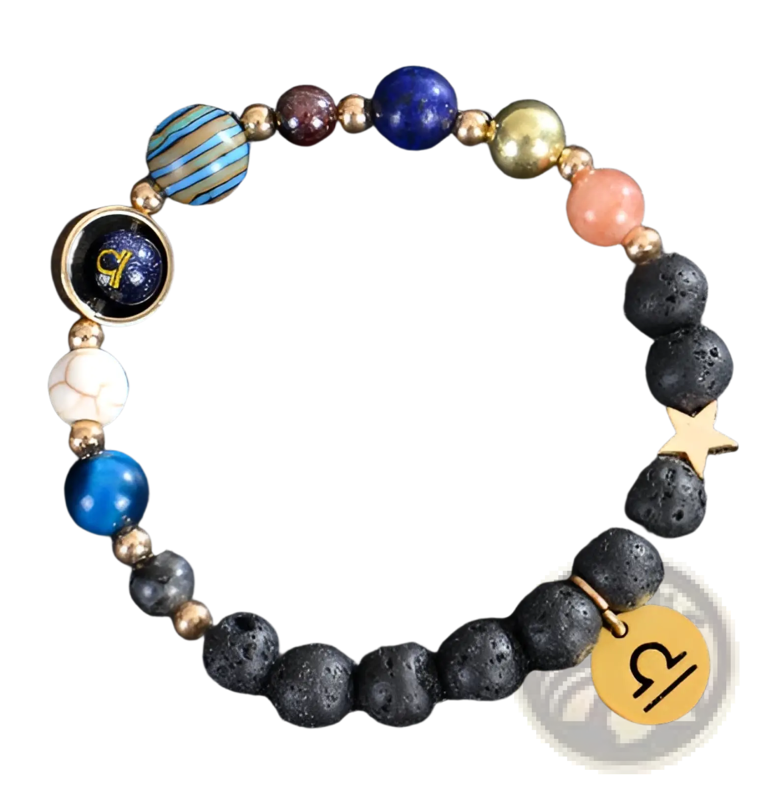 A libra zodiac-themed celestial matte stone beaded bracelet with colorful blue gold beads black lava rock and libra charms