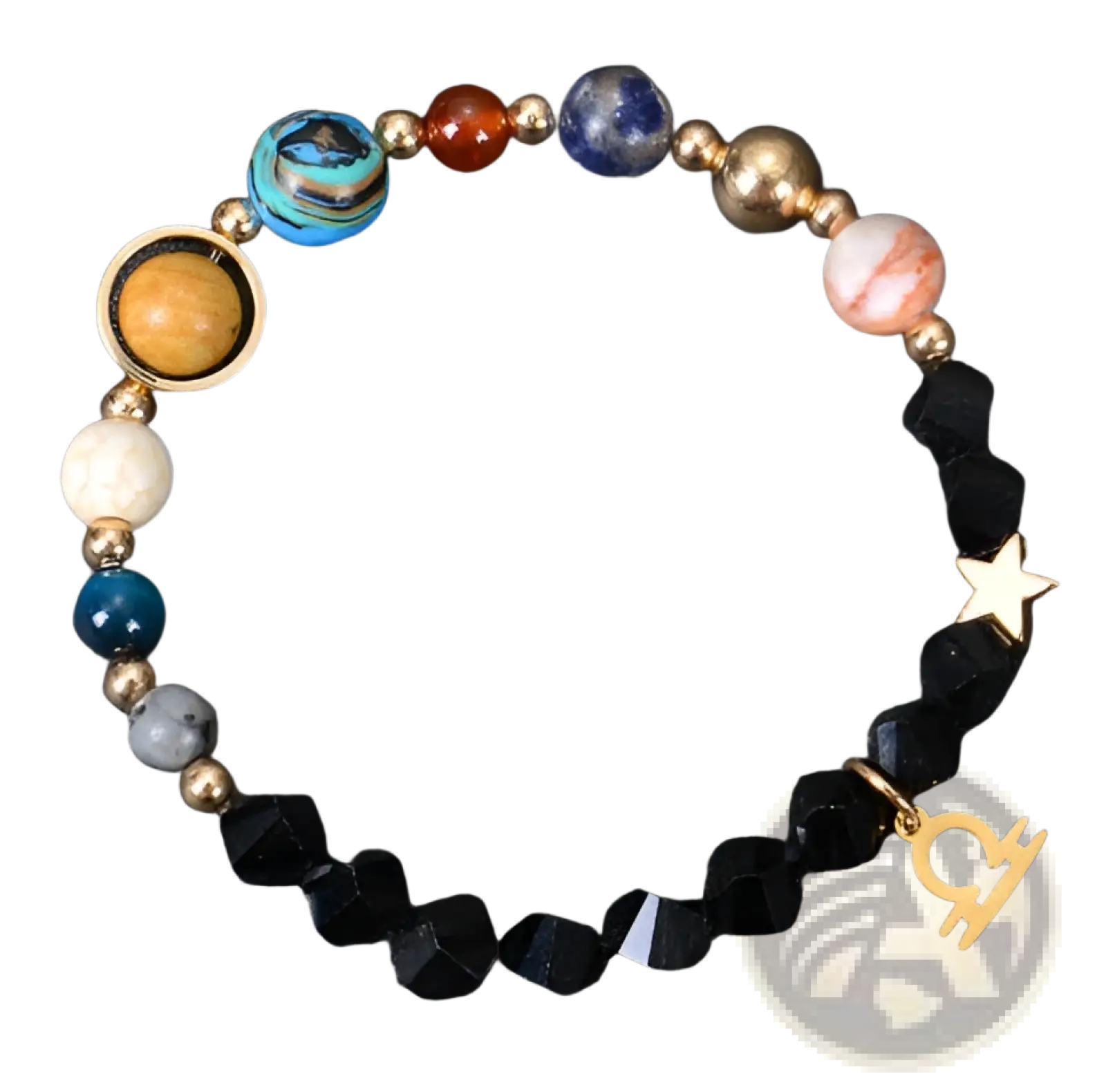 Celestial zodiac planet matte stone beaded bracelet with colorful planet beads and gold-toned libra charm