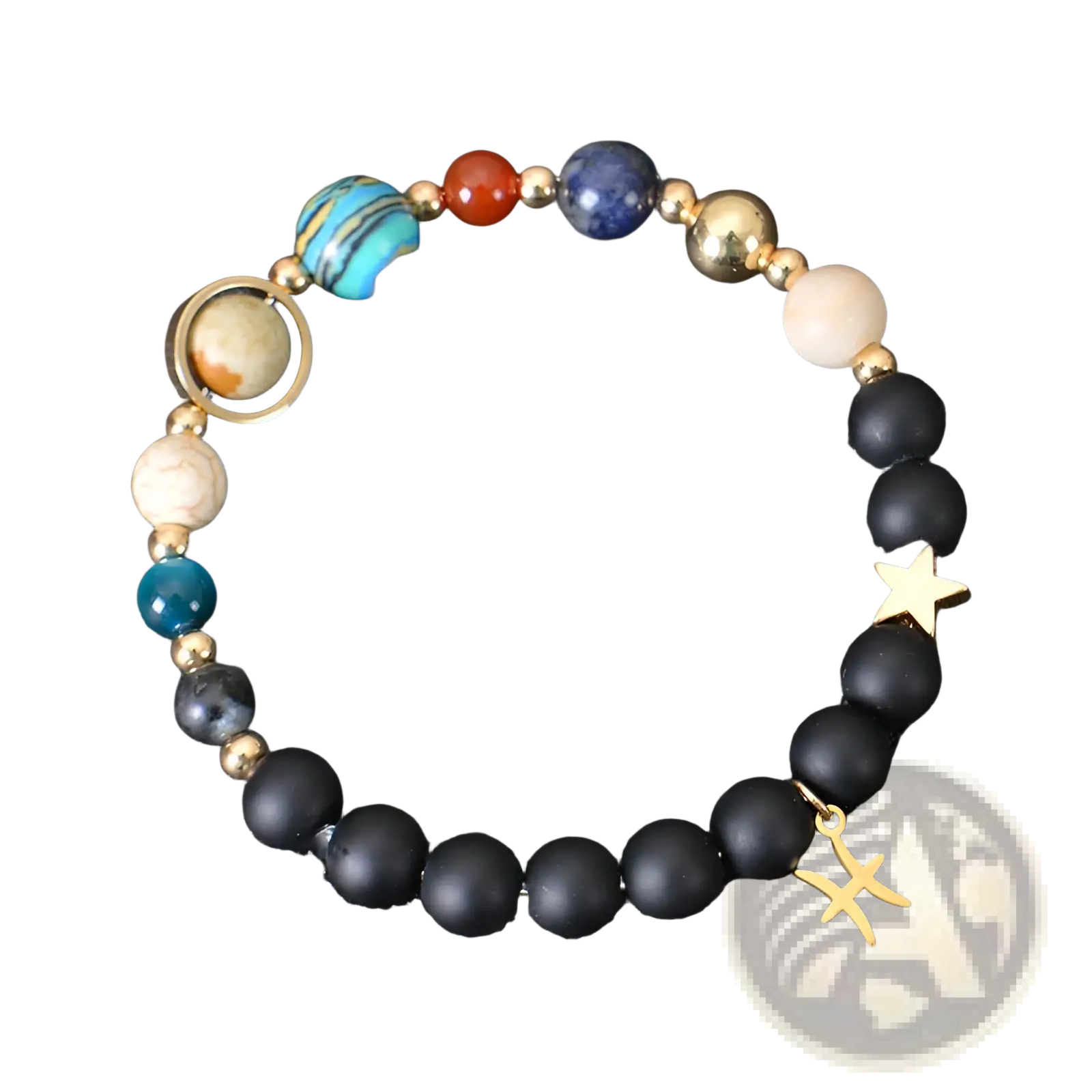 A pisces-themed celestial zodiac planet matte stone beaded bracelet with black beads gold star charms and colorful stones