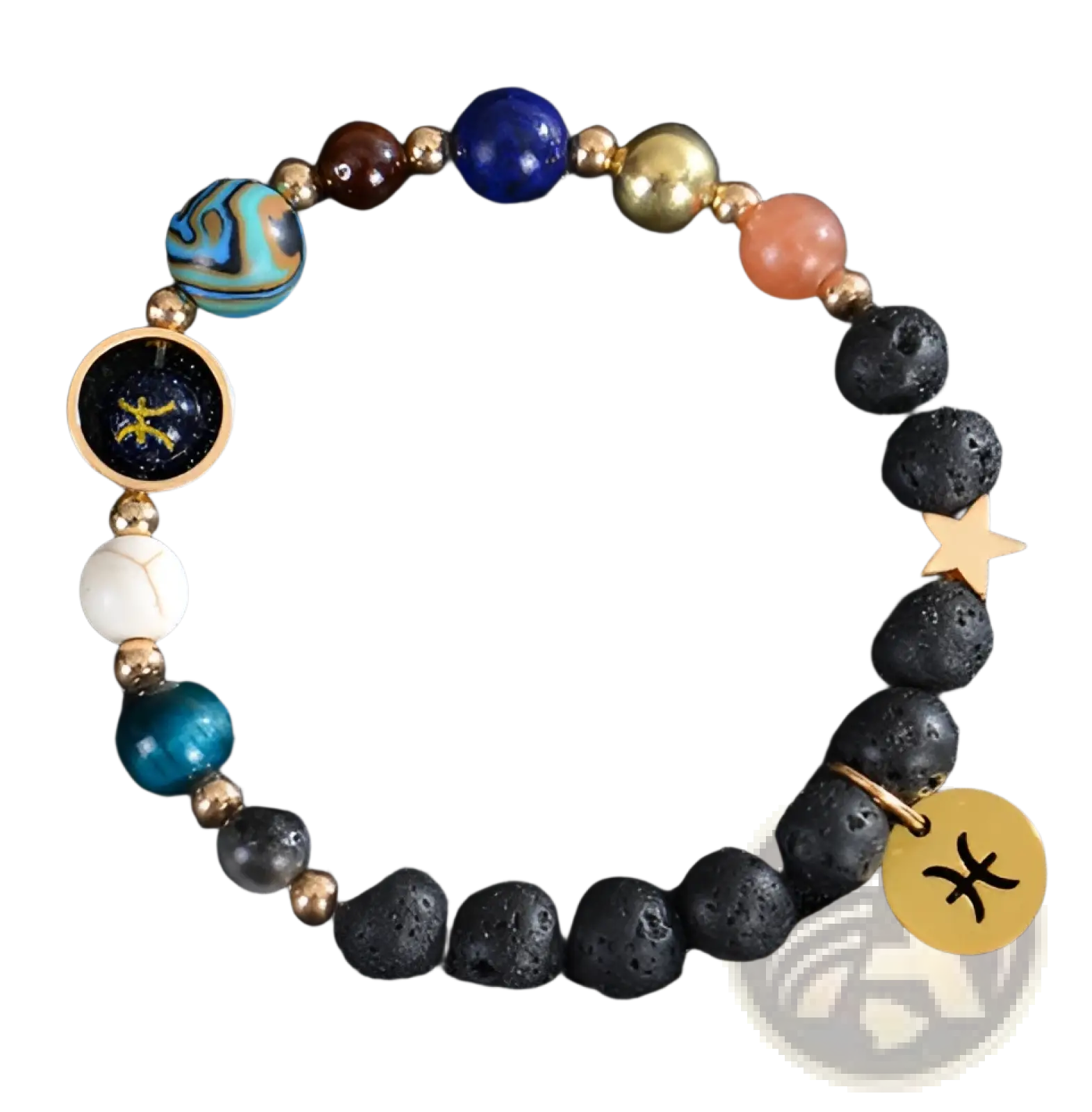 Celestial zodiac planet matte stone beaded bracelet with black lava beads, colorful glass stones, and golden pisces charm