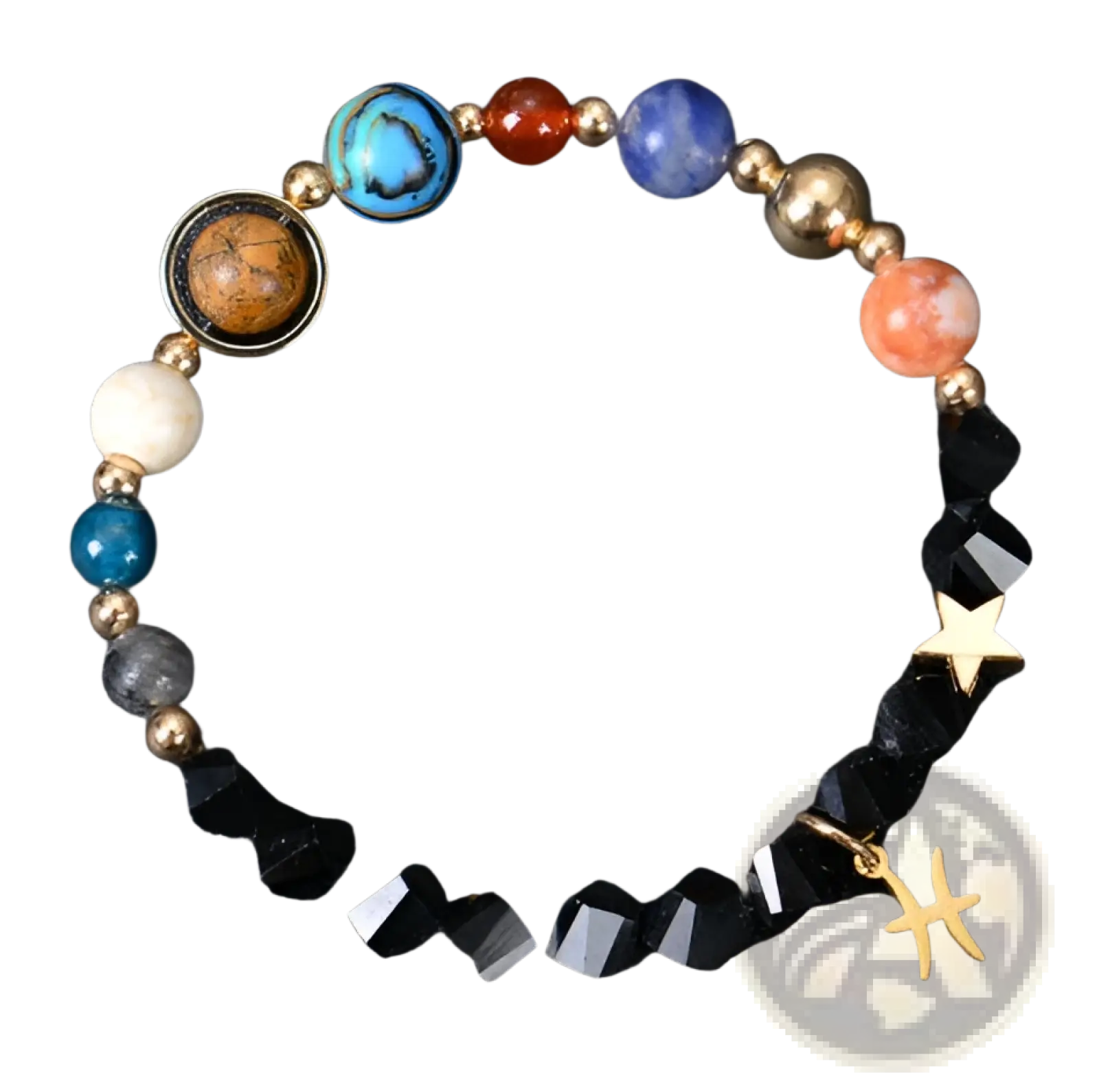 Celestial zodiac planet matte stone beaded bracelet with colorful gemstones gold-toned beads and pisces charm