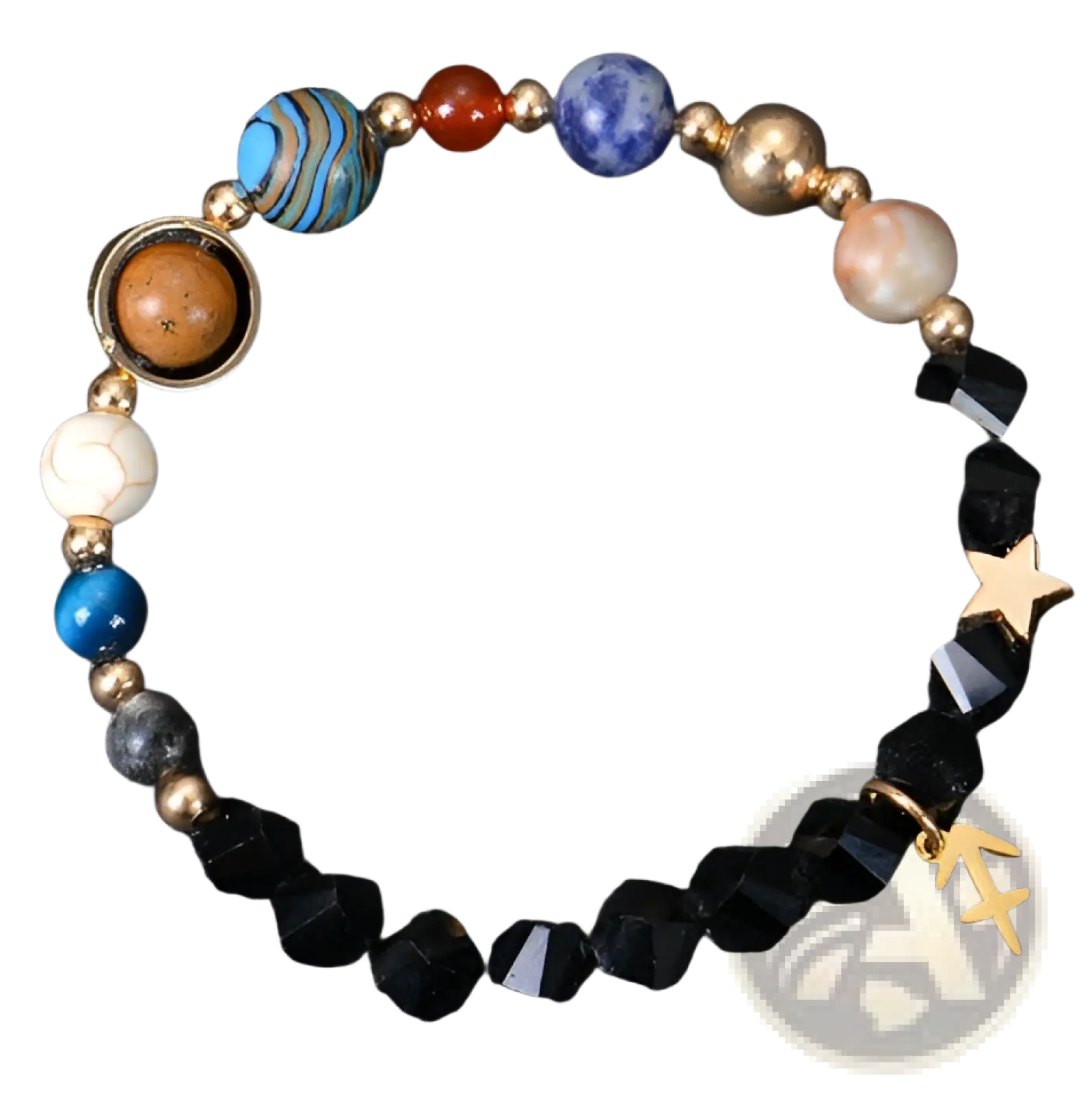Sagittarius zodiac bracelet with colorful beads featuring blue and gold accents black stones and a golden star charm