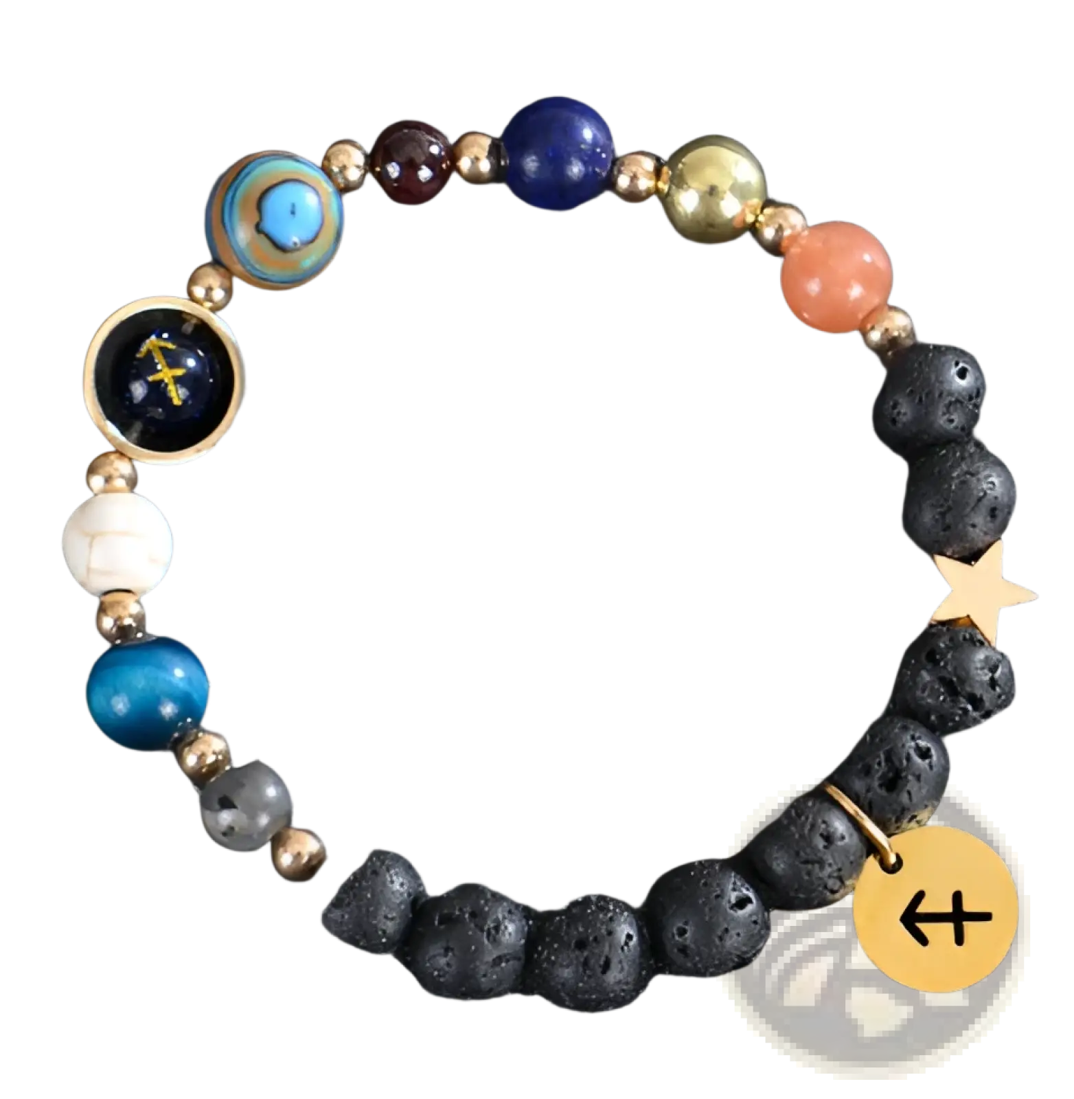 Sagittarius zodiac-themed celestial bracelet with colorful stones black lava beads and gold-toned astrological charms