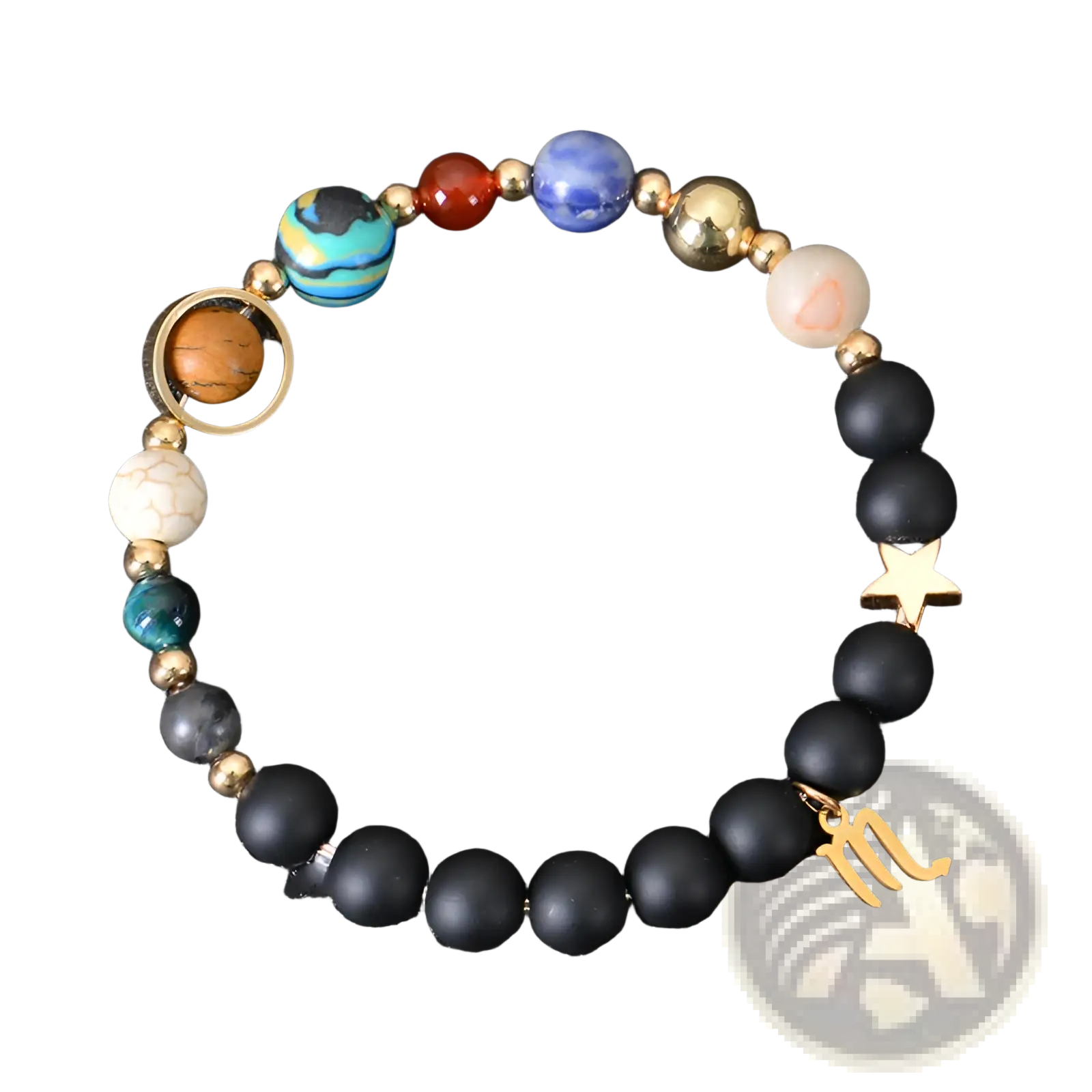 Celestial zodiac planet matte stone beaded bracelet with black beads colorful planet-themed accents and gold Scorpio charms