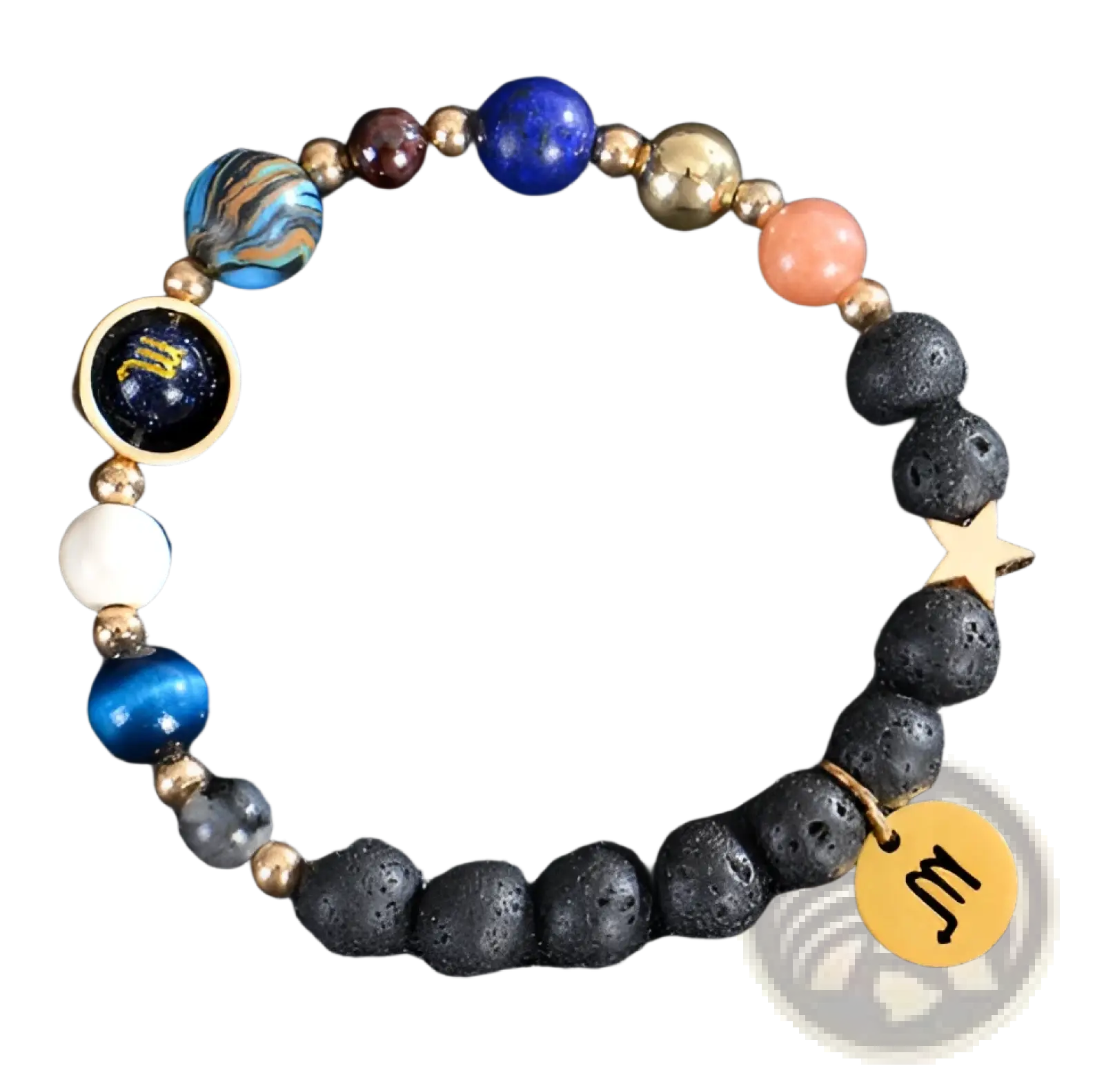 Celestial zodiac planet matte stone beaded bracelet with black lava rock, lapis lazuli, coral, and gold scorpio charms