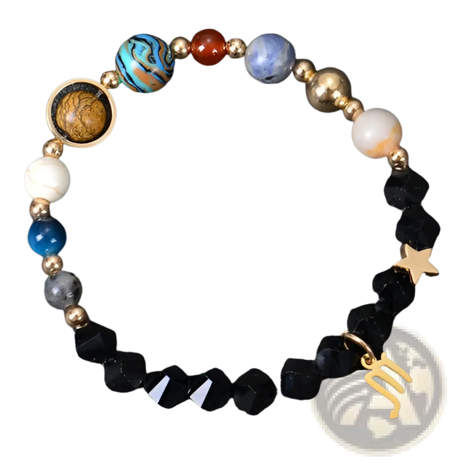 A scorpio-themed celestial zodiac planet matte stone beaded bracelet with colorful gemstones and gold-toned metallic beads