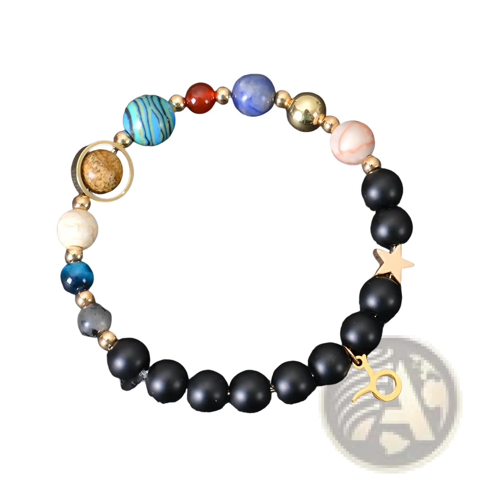A taurus-themed celestial zodiac planet matte stone beaded bracelet with black beads, colorful gemstones, and gold accents