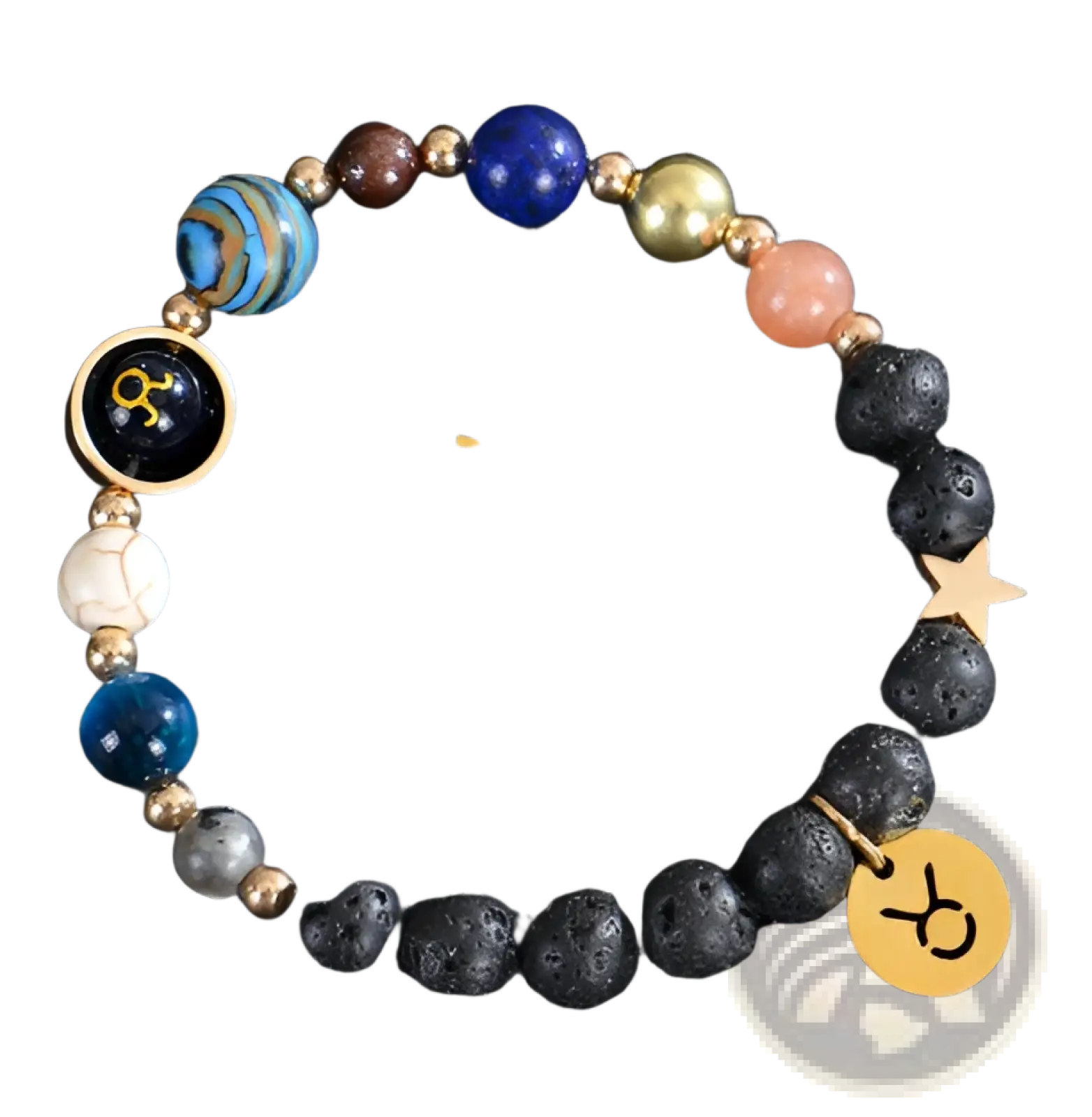 Celestial Zodiac Planet matte stone beaded bracelet with taurus symbol gold charms colorful stones and black lava beads