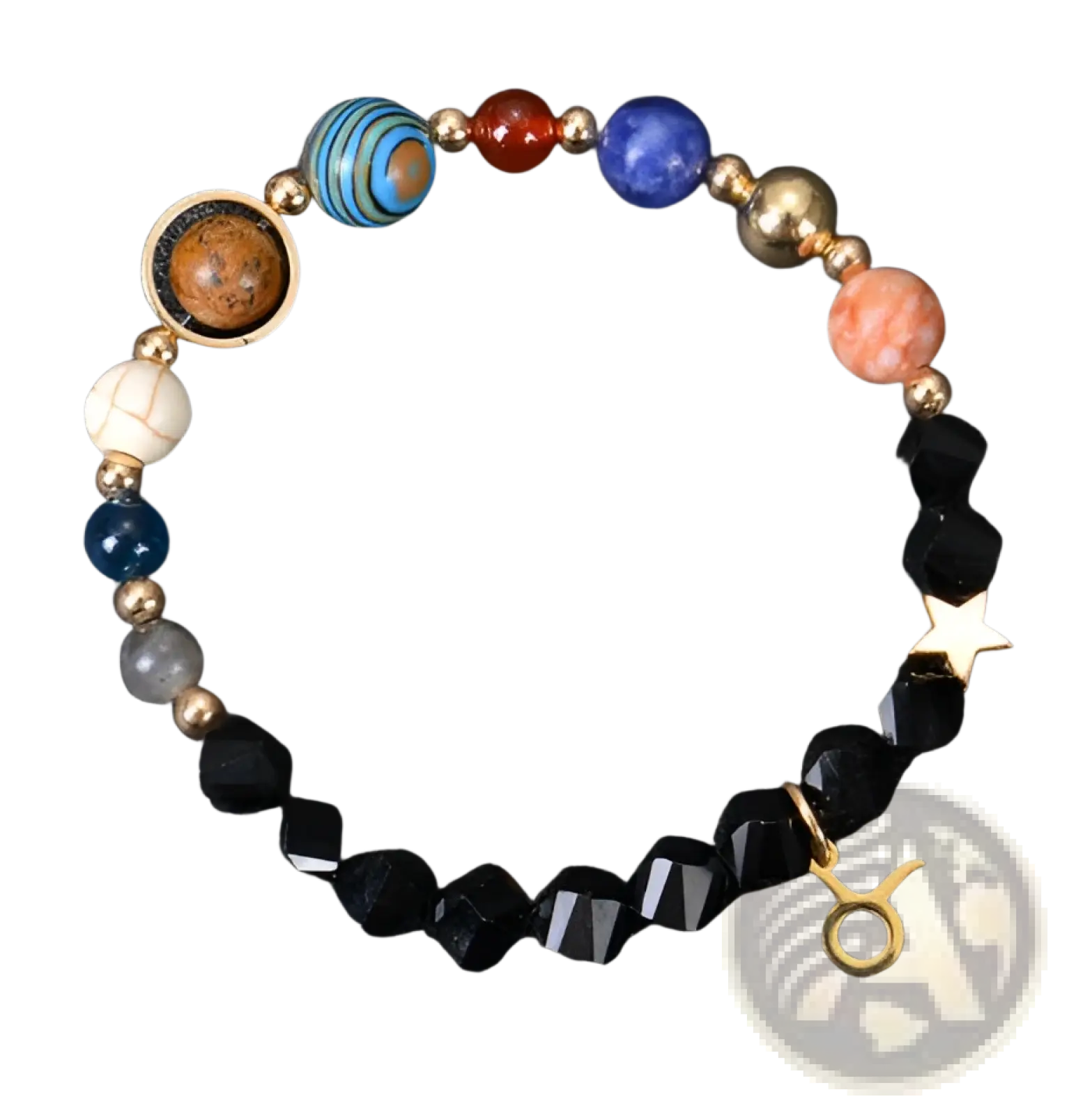 A taurus zodiac celestial bracelet with blue and orange matte planet beads black crystals gold accents and star charm