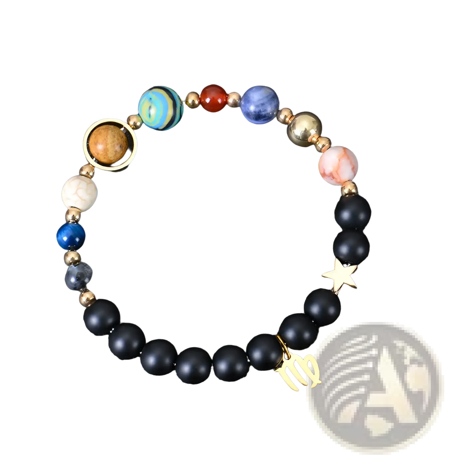Celestial zodiac planet matte stone beaded bracelet with black beads colorful gemstones and gold virgo charm