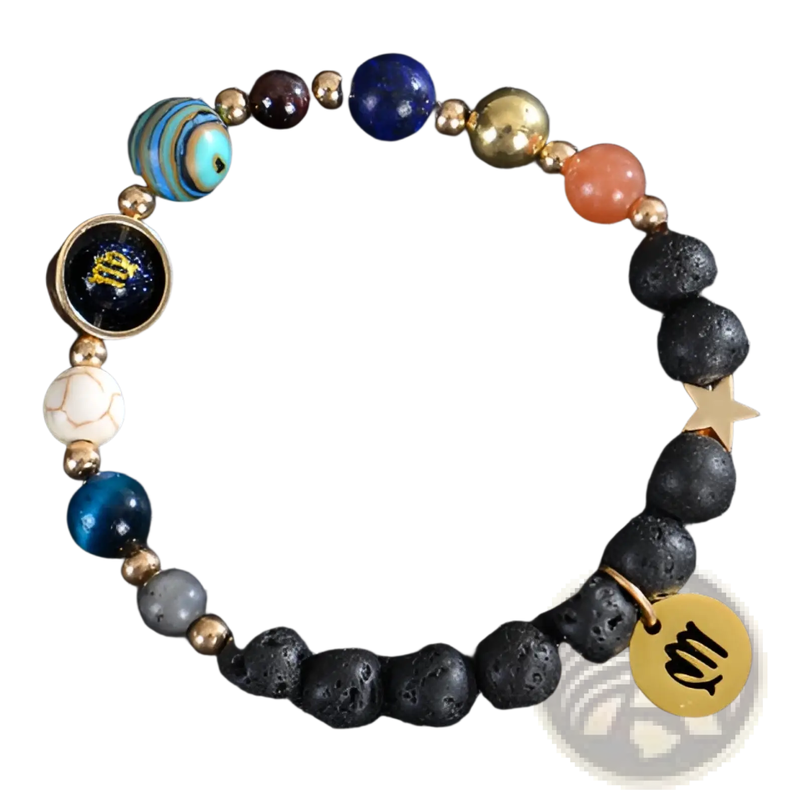 Celestial zodiac planet matte stone beaded bracelet with black lava stones colorful beads gold virgo charm and star accent