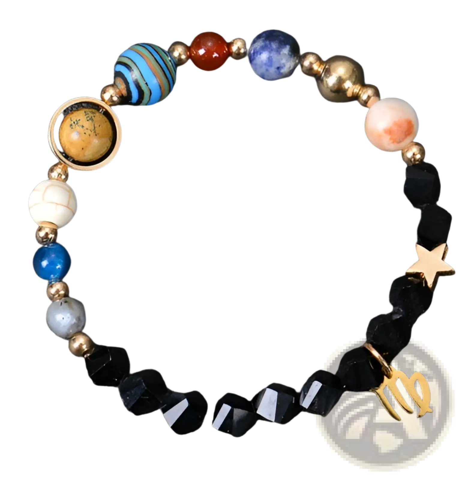 Celestial zodiac planet matte stone beaded bracelet with black beads, colorful gemstones, gold zodiac charms, and metallic accents