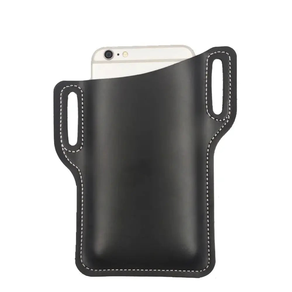 Black leather phone holster with white stitching and two side loops shown from the back for secure attachment