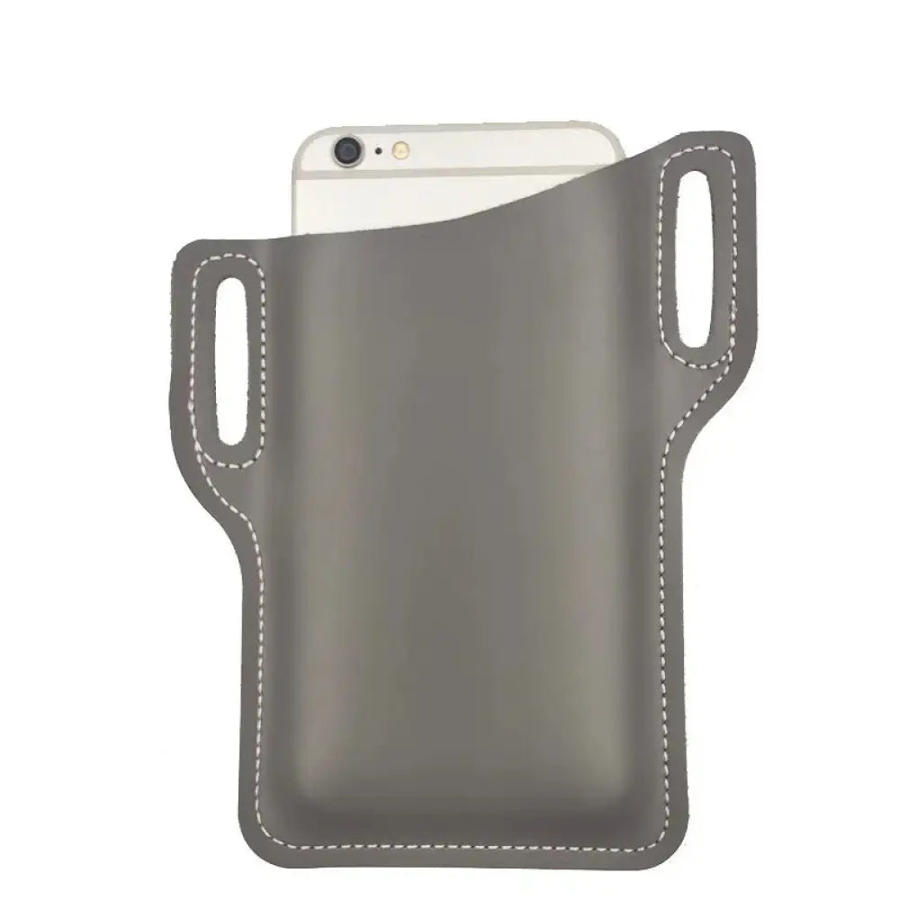 Gray leather phone holster with white stitching and two side loops shown from the back for secure carrying