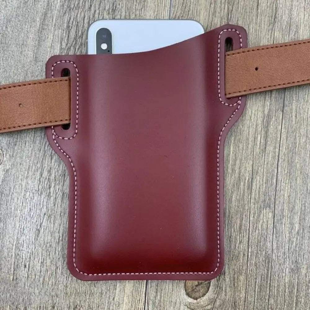 A rich burgundy pu leather phone holster with tan straps white stitching belt loop and card slots for smartphone security