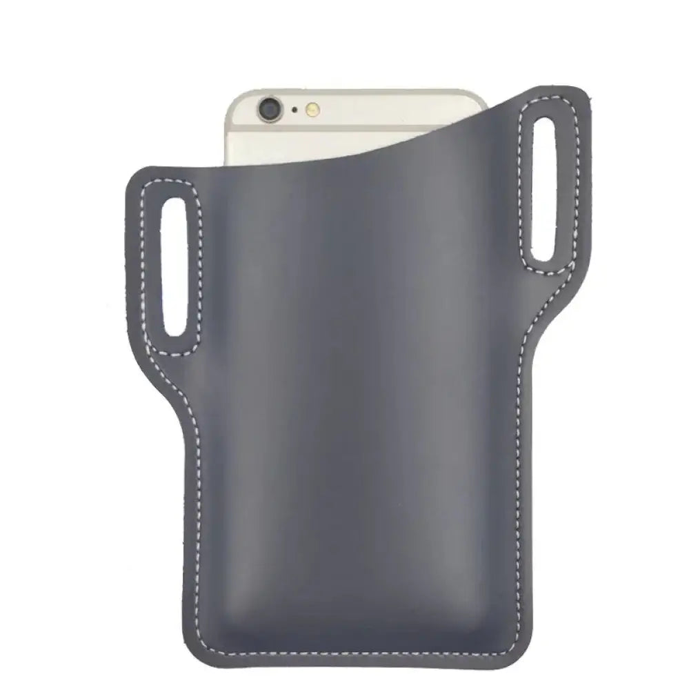 Dark gray leather phone holster with white stitching and side loops for attachment featuring belt loop and card slots