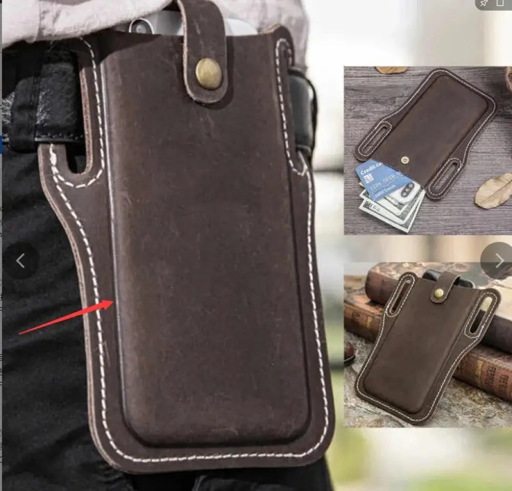 Brown pu leather phone holster with belt loop and card slots showing brown leather with white stitching and brass snap button