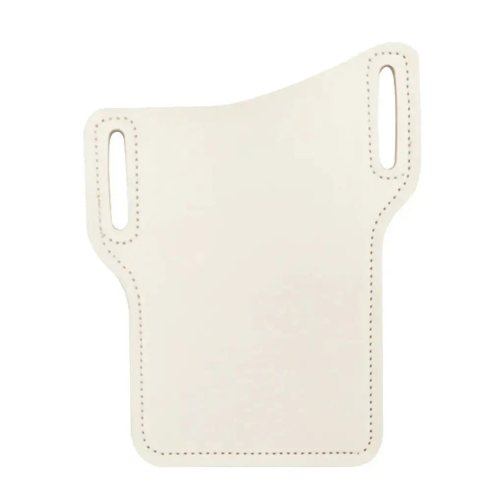 Off-white leather phone holster with stitched edges and vertical cutouts shown alongside brown pu leather holster with belt loop and card slots