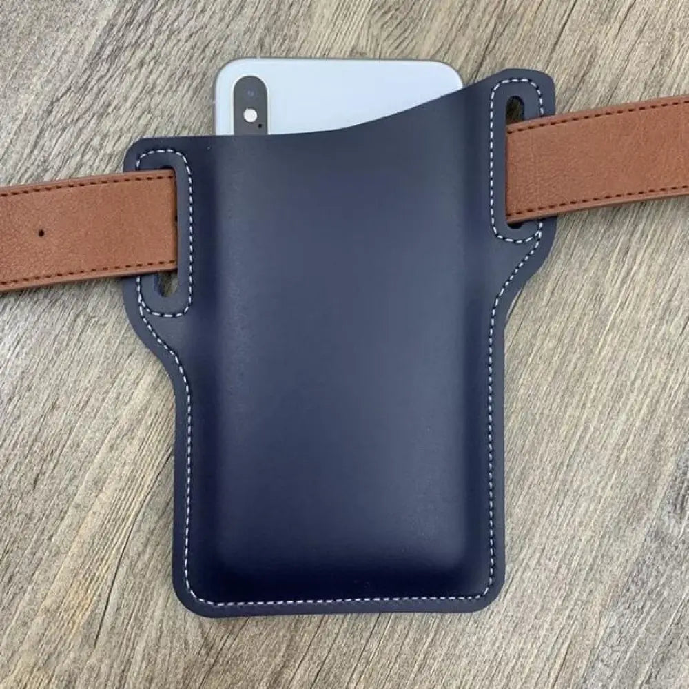 Dark blue leather phone holster with tan belt straps and white stitching designed to hold a smartphone with card slots