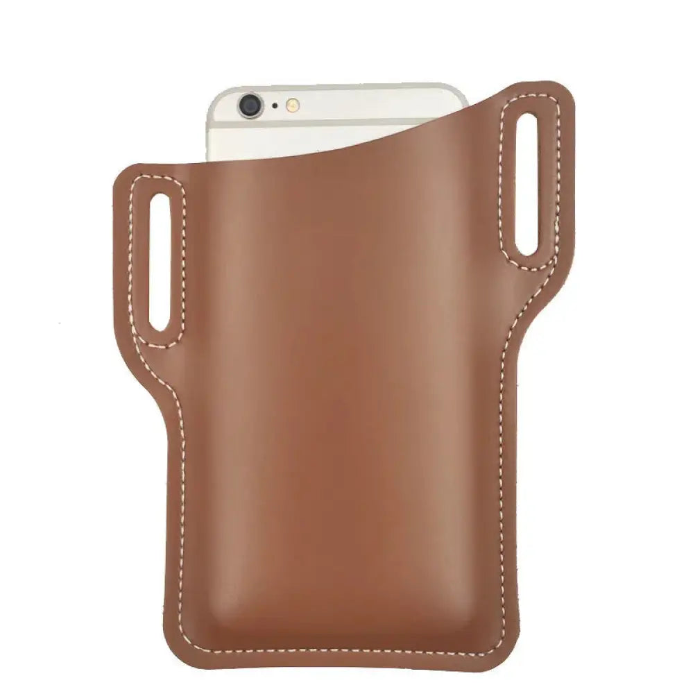 Brown pu leather phone holster with belt loop and white stitching showing two side loops on the back side