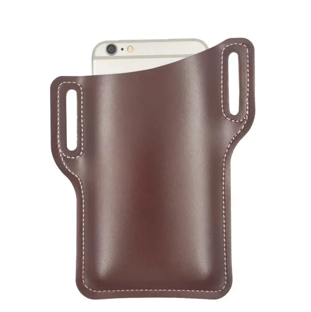 Brown pu leather phone holster with white stitching, belt loop, card slots, and two side loops for secure attachment