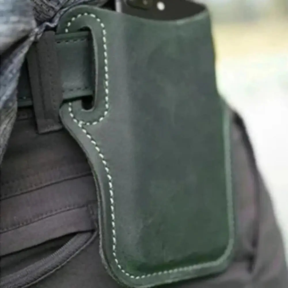 Dark green suede phone holster with white stitching and black strap shown from the back with belt loop and card slots