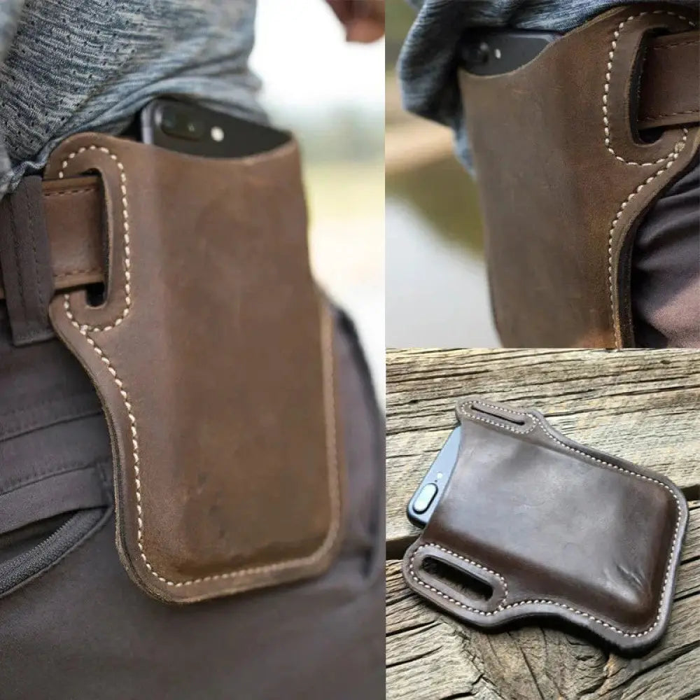 Brown pu leather phone holster with white stitching and belt loop showing the back side of the product