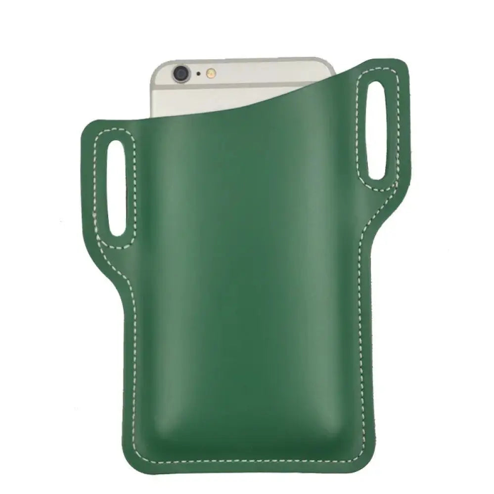 Green leather phone holster with white stitching and two side loops shown from the back side