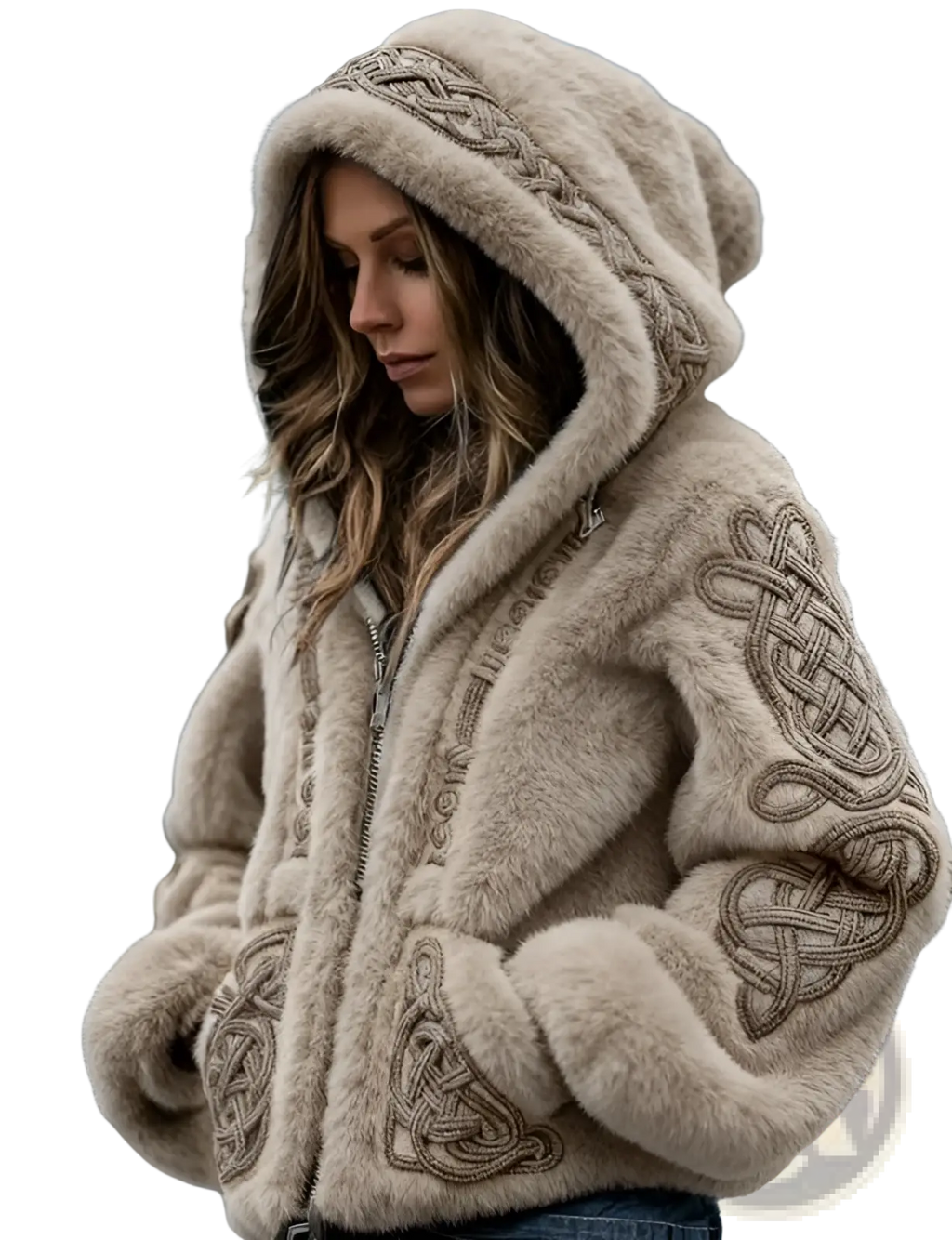 Beige faux fur zip hoodie featuring a hood and intricate darker beige celtic knot embroidery detailing
