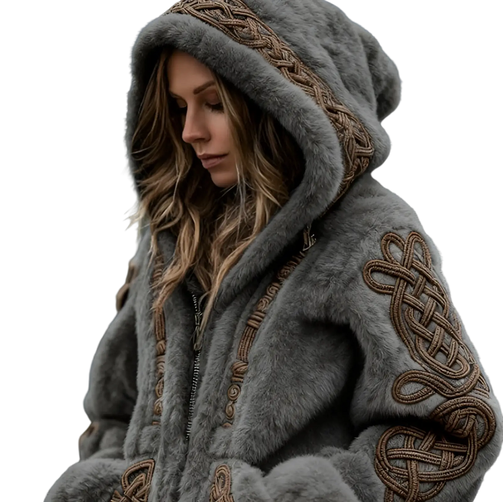 Gray faux fur zip hoodie with intricate brown celtic knot embroidery on sleeves and neckline