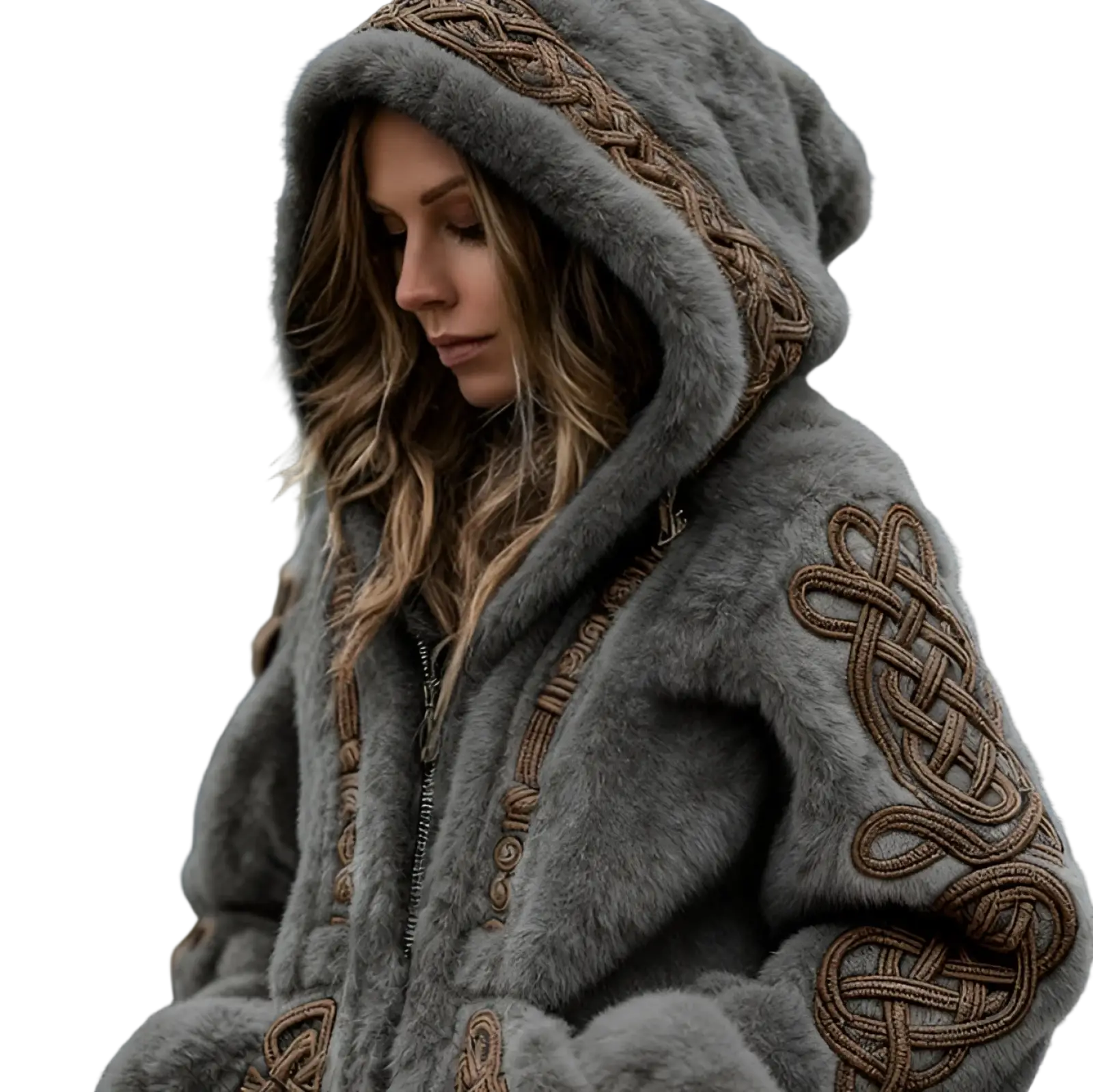 Gray faux fur zip hoodie with intricate brown celtic knot embroidery on sleeves and neckline