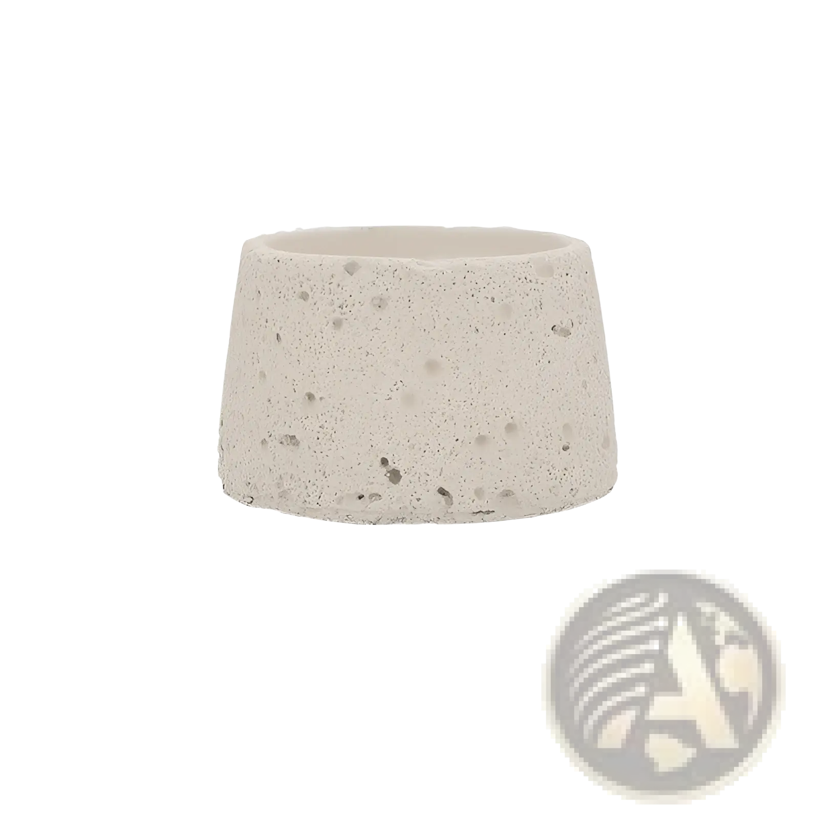 A textured light gray speckled concrete tapered cylindrical cement candle holder for aromatherapy use