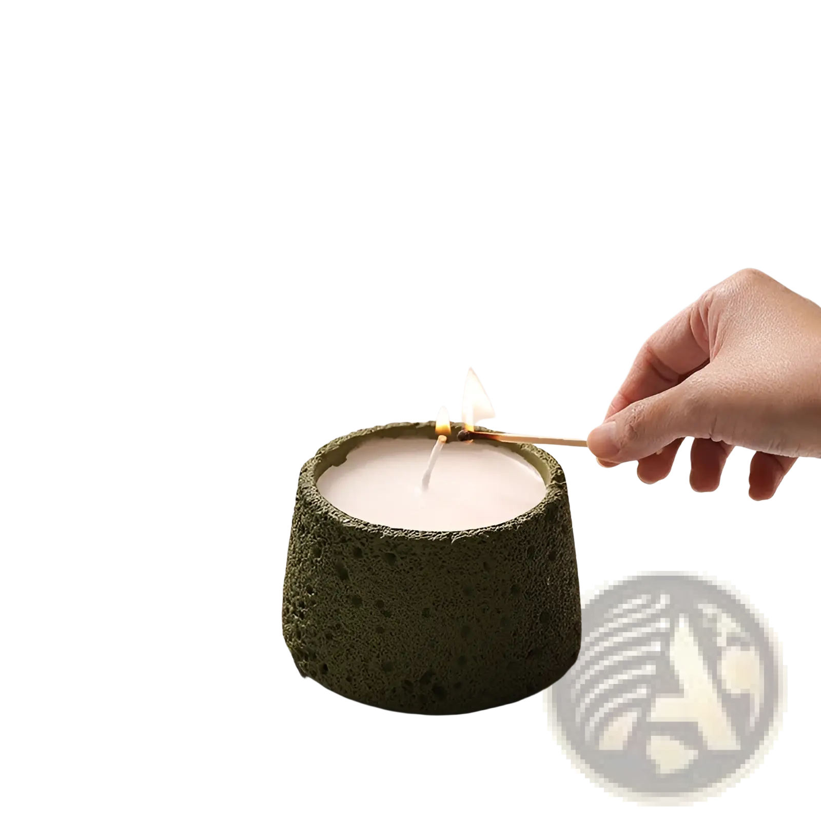Green speckled concrete candle holder with a lit white wax candle ideal for aromatherapy use