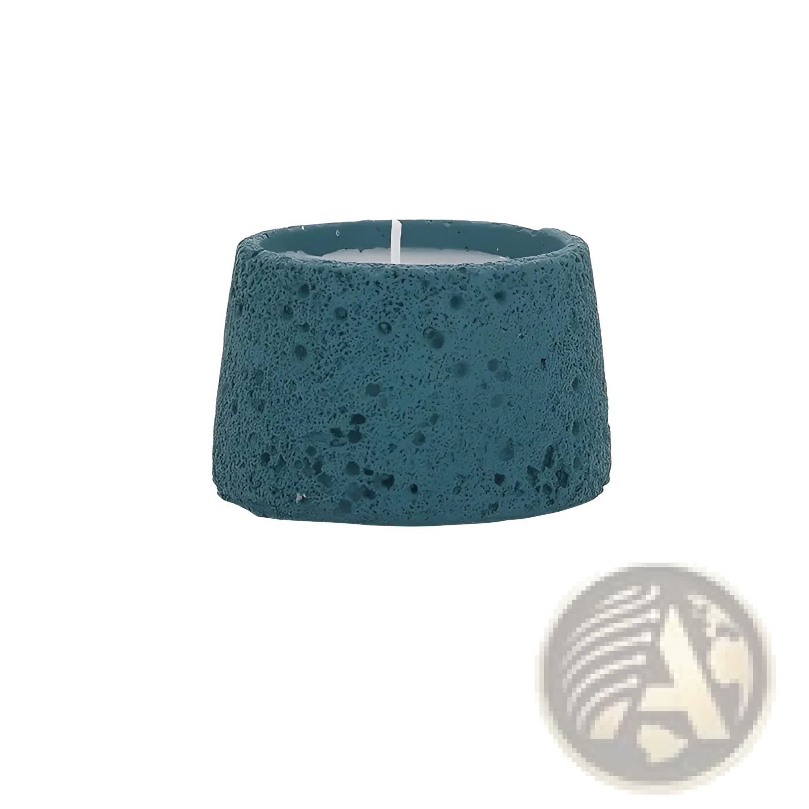 Teal speckled concrete candle holder with porous textured surface and rounded edges for aromatherapy use