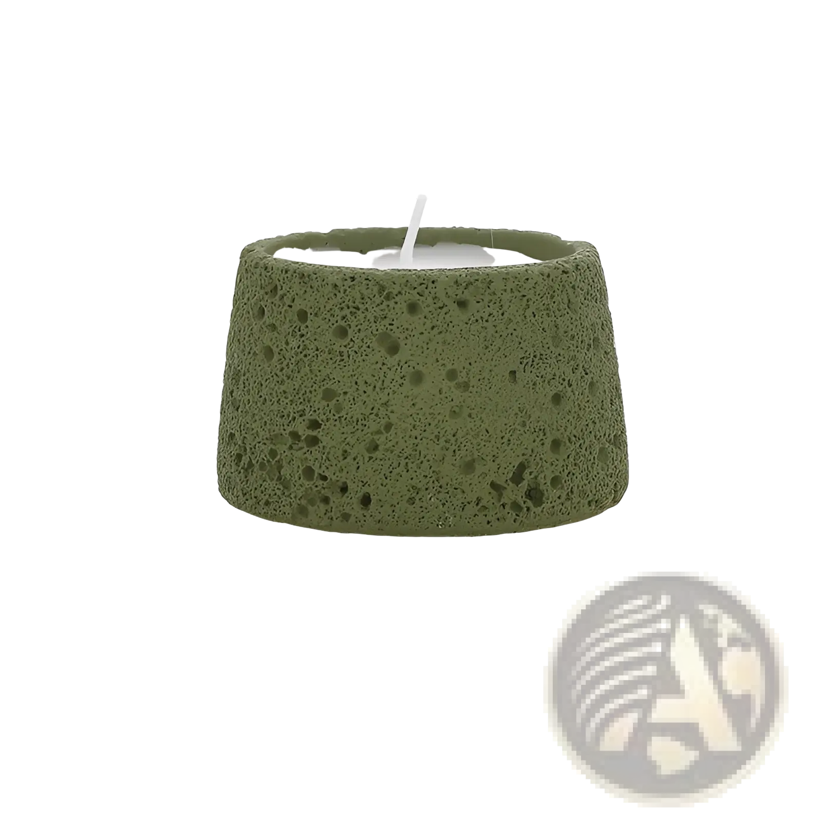 Olive-green porous cement candle holder with white wax candle for aromatherapy and speckled concrete design