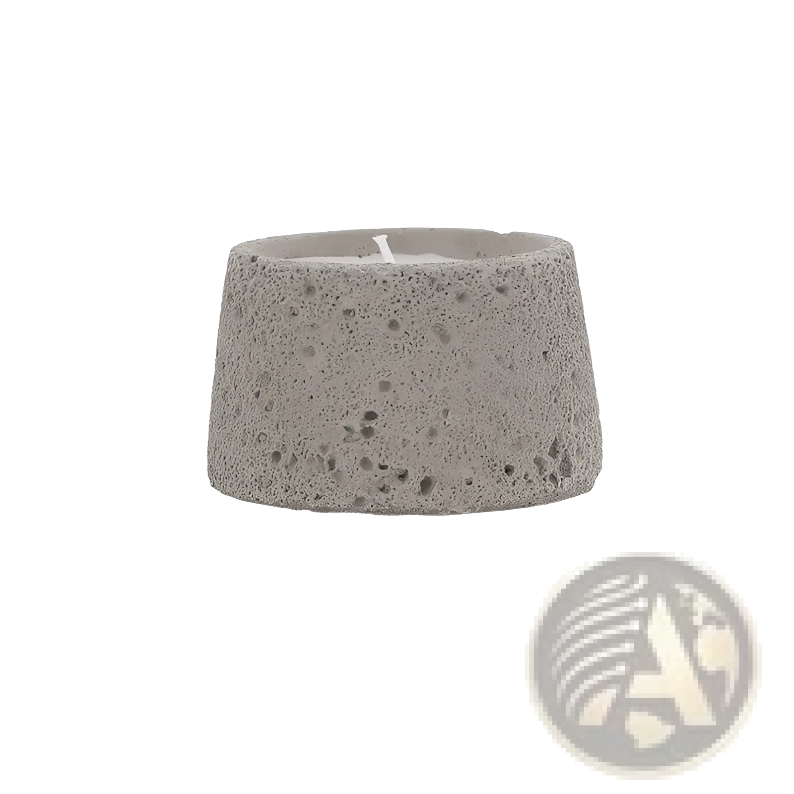 Gray speckled concrete candle holder with textured porous surface and white wick for aromatherapy use
