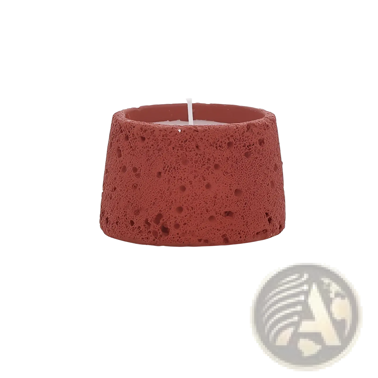 Cement candle holder featuring a red porous lava rock basin with a white candle inside for aromatherapy use