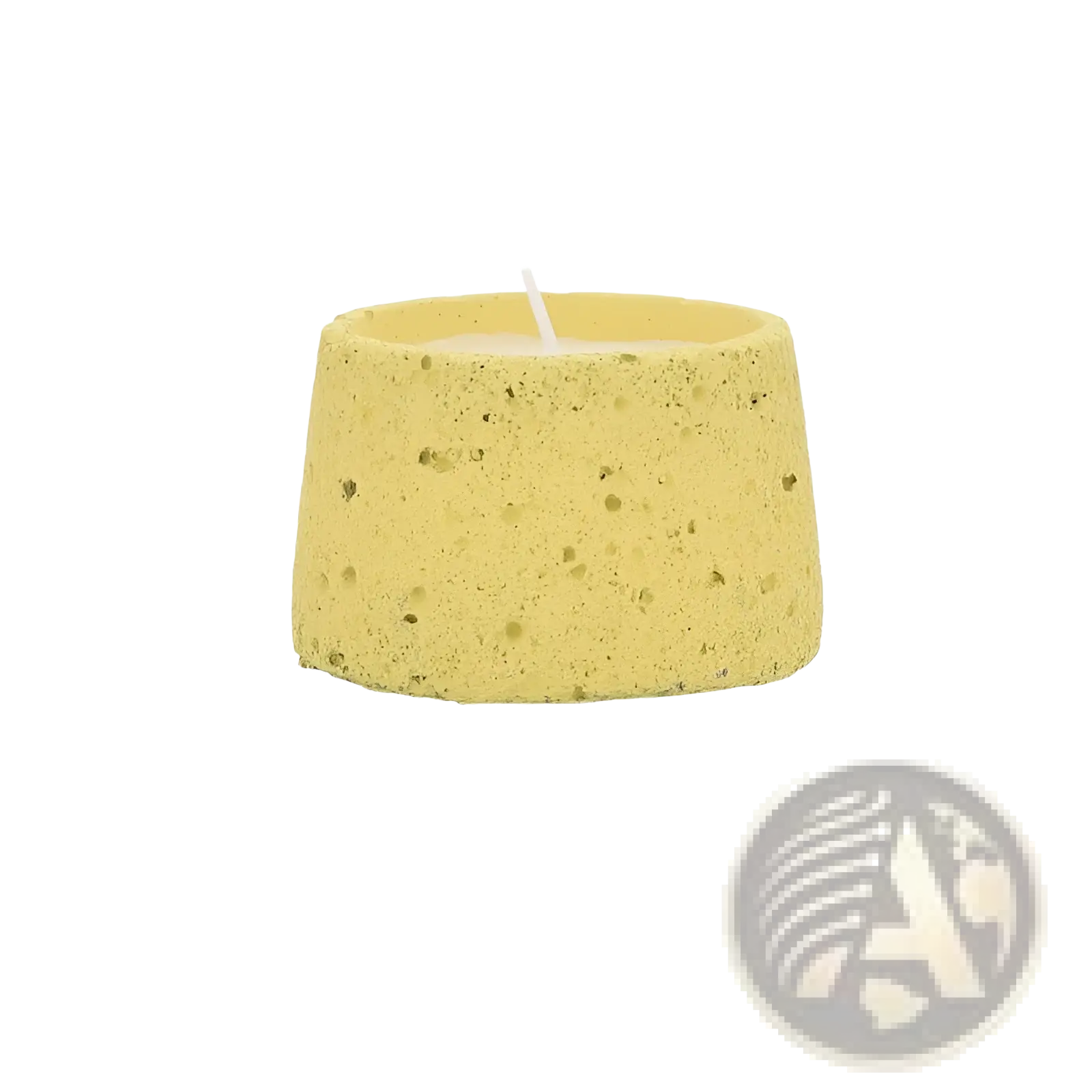 Yellow textured speckled concrete candle holder with white wick candle for aromatherapy use