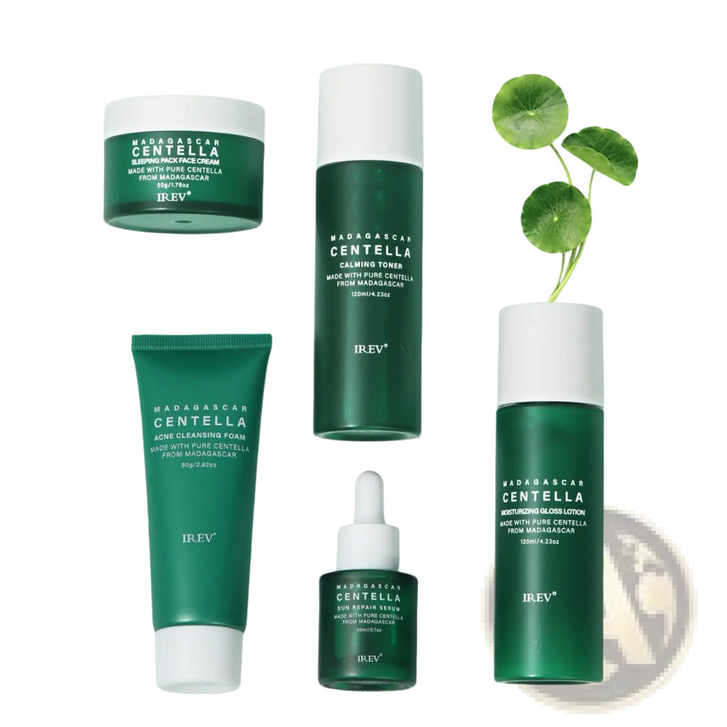 Green and white irev madagascar centella 5-piece facial skincare set with minimalist bottles tubes and jars