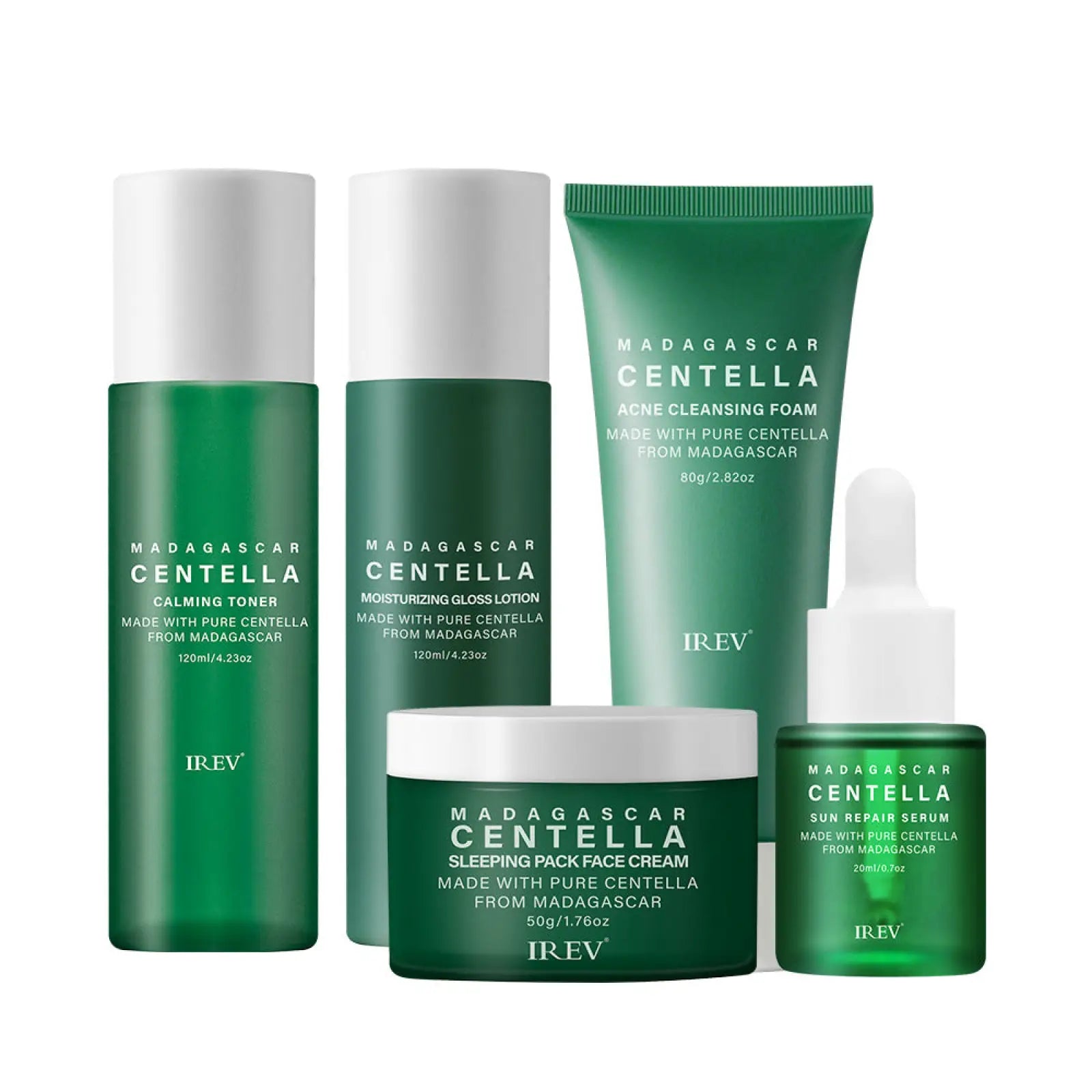 Irev Madagascar centella asiatica 5-piece skincare set with green glass bottles and tubes for calming and moisturizing