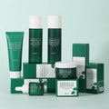 Green and white irev centella asiatica 5-piece facial skincare set with bottles tubes and boxes featuring leaf motifs