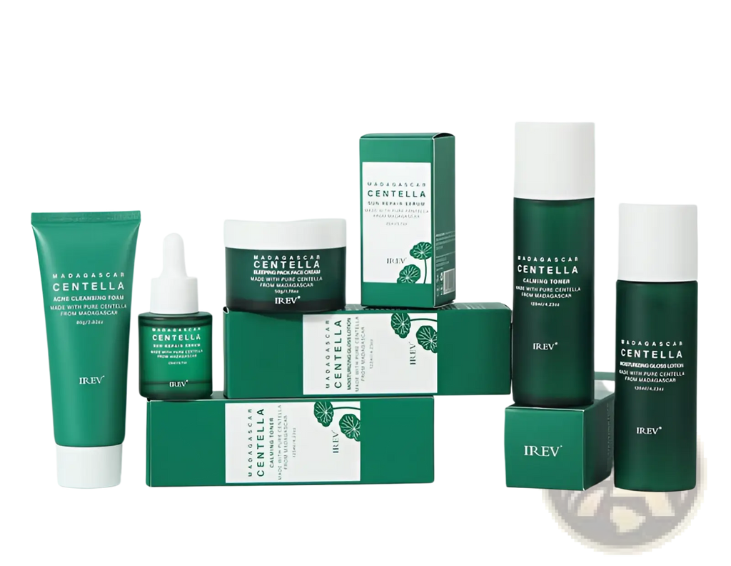 Green and white irev Madagascan centella facial skincare set with bottles tubes and boxes featuring leaf motifs
