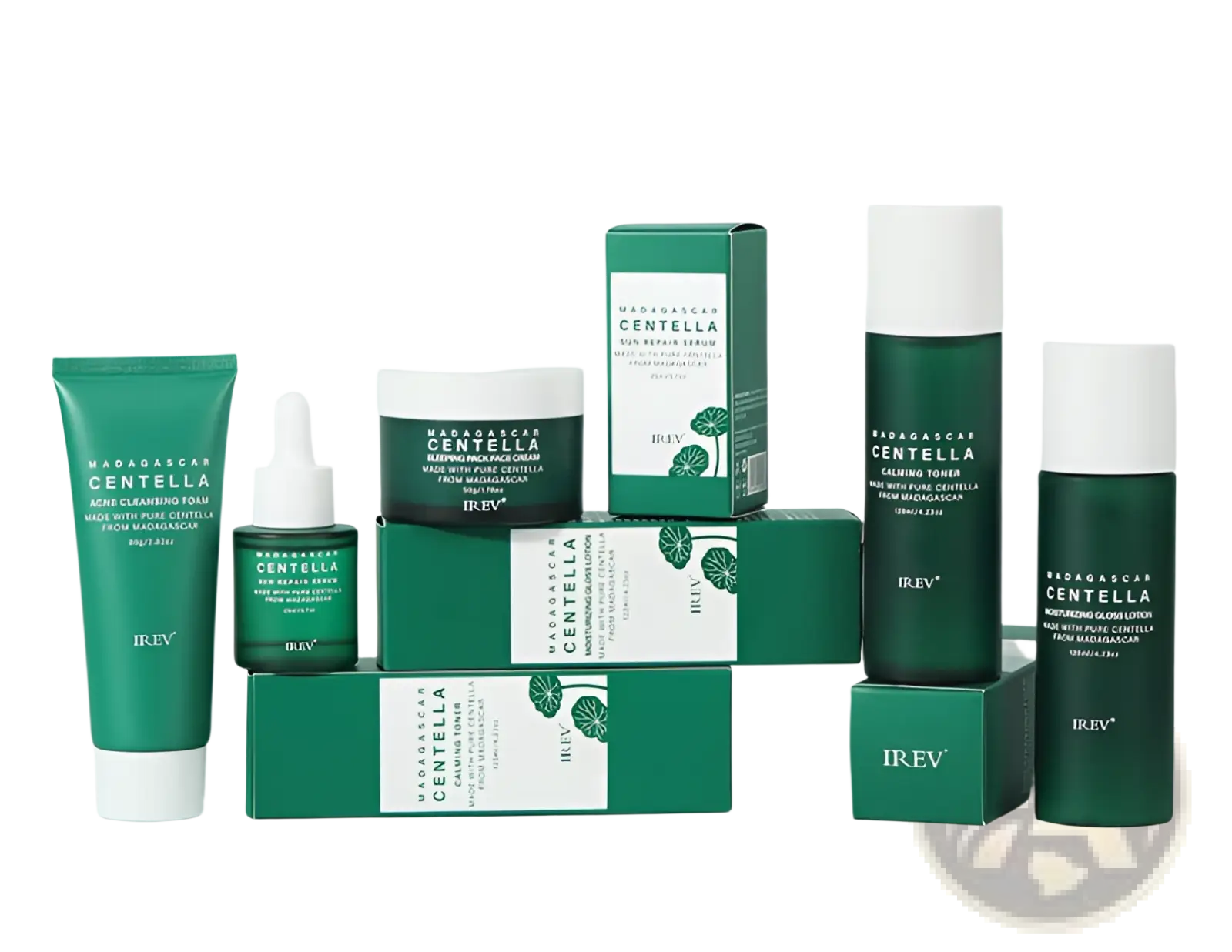 Green and white irev Madagascan centella facial skincare set with bottles tubes and boxes featuring leaf motifs