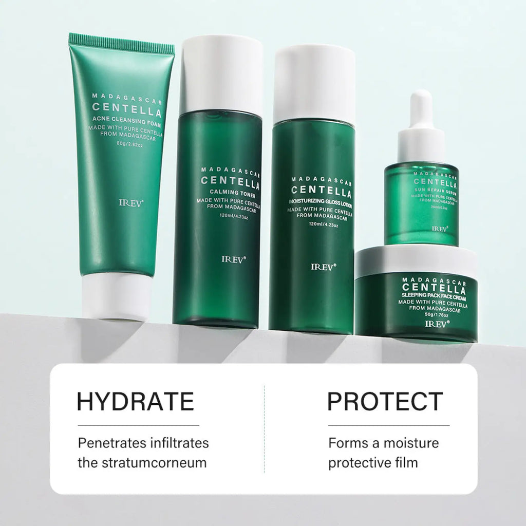 Green glass bottles with white caps labeled madagascar centella by irev in a centella asiatica 5-piece facial skincare set