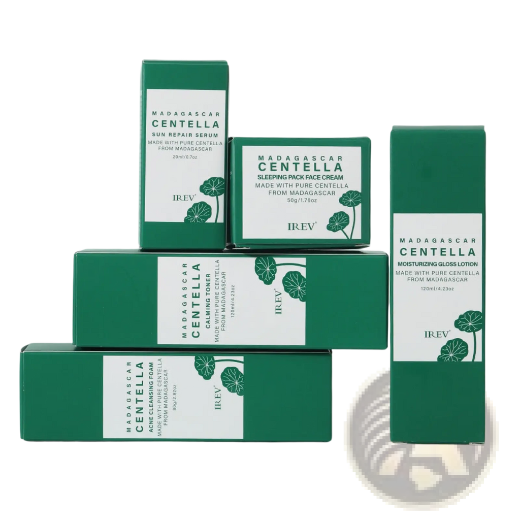 Green rectangular boxes of irev madagascar centella asiatica 5-piece facial skincare set with white labels and leaf illustrations