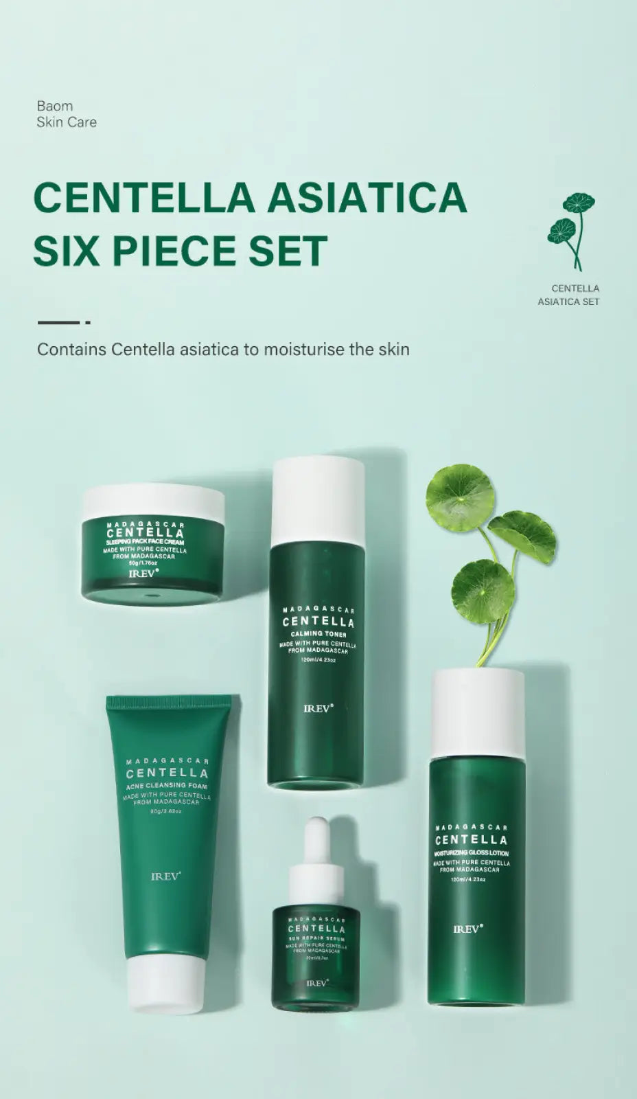 Green and white centella asiatica 5-piece facial skincare set by Irev for soothing and repairing skin care